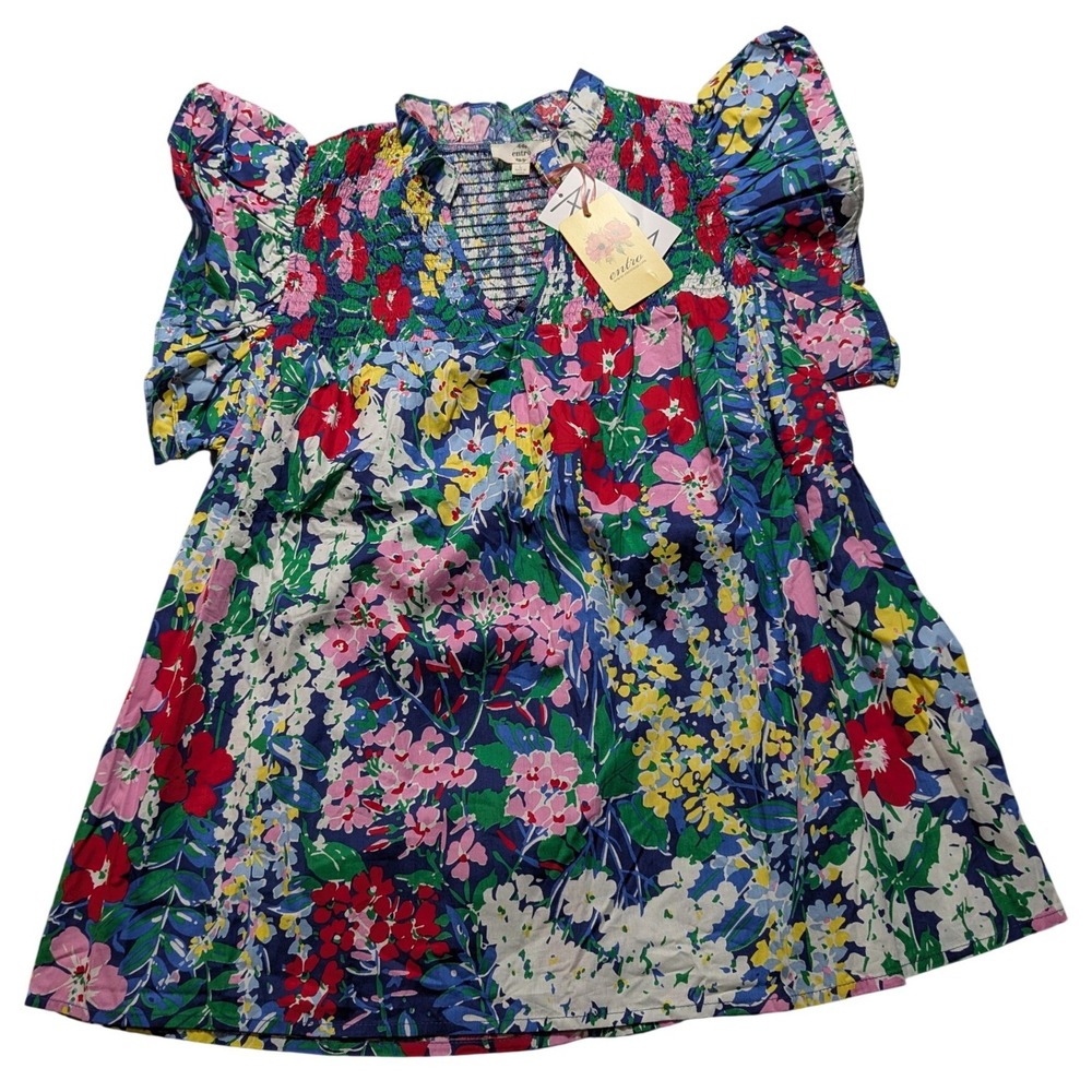 Entro Stassie Top Floral Smocked Flutter Sleeve Cotton Blouse Multi Color Large